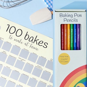 100 Bakes Scratch Off Poster y Baking Pun Pencils Bundle / Regalos para hornear / Impresión para hornear / Regalos para panadero / Bake Off / Bake Gift Set