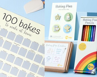Ultimate Bakers Gift Set - 100 Bakes Scratch Off Poster | Baking Pun Coasters | Enamel Baking Pins | Baking Pun Pencils