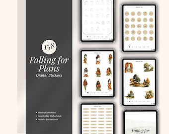May include: Digital sticker set titled "Falling for Plans" with 158 stickers. The image shows several digital tablets displaying sticker designs, including icons, illustrations of people, and landscape elements. The text includes "Instant Download", "Goodnotes Stickerbook", and "Noteful Stickerbook".