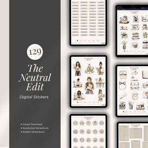 Puede incluir: Conjuntos de pegatinas digitales mostrados en tabletas. Las pegatinas tienen una paleta de colores neutros y presentan ilustraciones de papelería, libros y personas. El texto dice "The Neutral Edit" y "Digital Stickers".