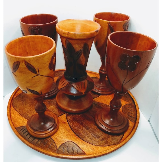 Wooden Tray, Vase, 4 Goblets Hand Carved