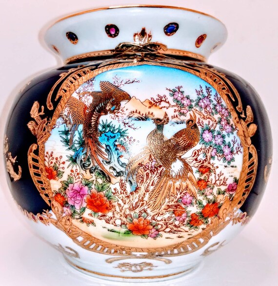 Cobalt and Gold Limoges Pheasant Vase