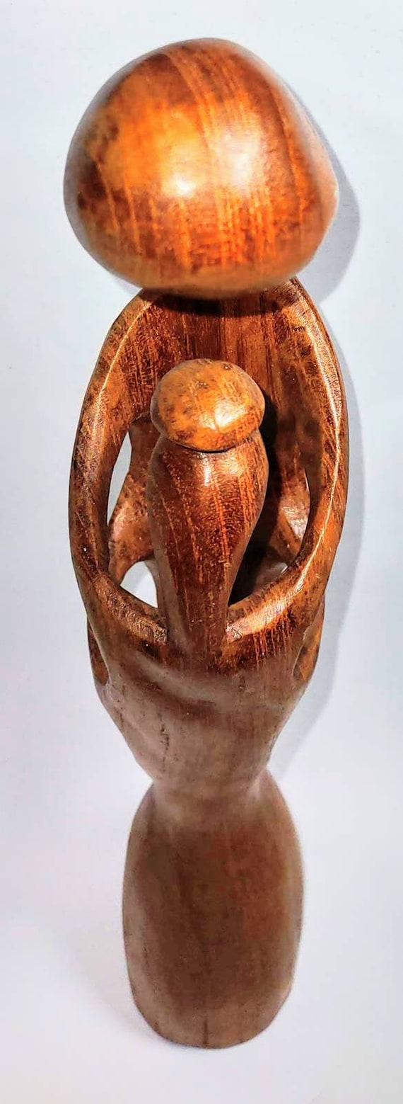 Vintage Abstract Carved Wood Mother & Child Teak MCM