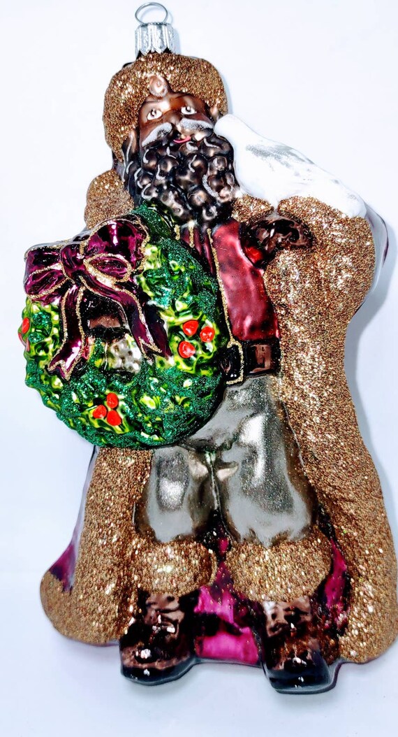Hand Blown Polish Glass African American Black Santa Ornament