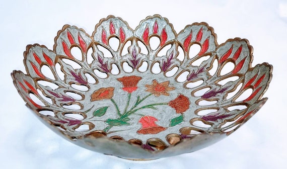 Pierced Meenakari Bowl India Brass Vintage