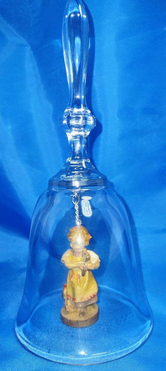 VTG DOLFI Lead Crystal Glass Bell w/ Carved Wooden Figurine Italy