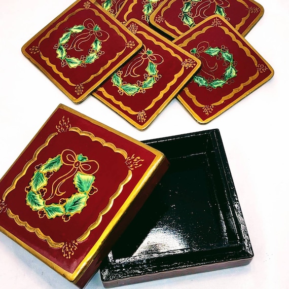 6 Hand Painted Christmas Wreath Coasters & Box