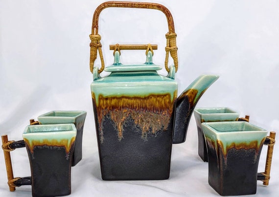 Turquoise Crackle Drip Glaze Square Art Pottery Tea Set