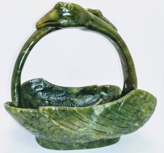 Green Soapstone Swan Basket Bowl