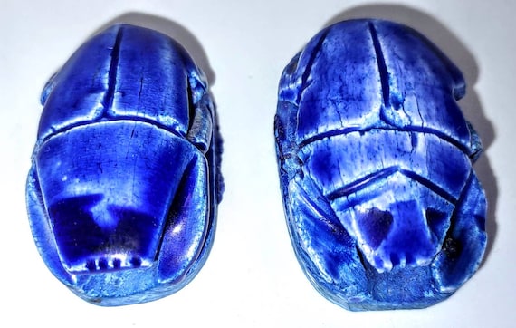 Two (2) Large Cobalt Blue Egyptian Scarab Focal Beads