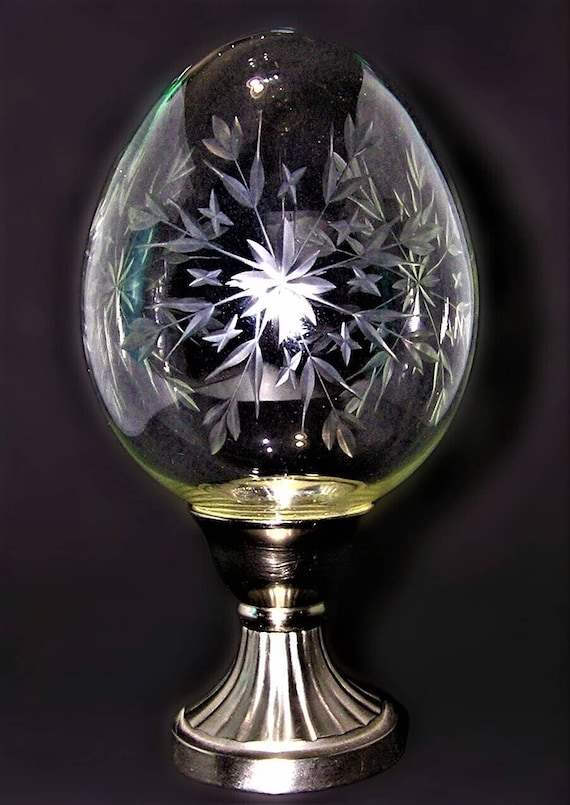Etched Art Glass Hollow Snowflake Egg with Stand