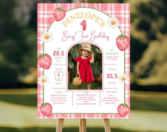 Affiche de premier anniversaire Berry, panneau modifiable de fête d'anniversaire 1er anniversaire fraise, premier affiche d'anniversaire, panneau d'étape 01 fraise