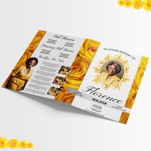Puede incluir: Un programa conmemorativo con un diseño floral. La portada dice "En memoria de Florence Walker". En el interior, hay fotos y texto, incluyendo "Portadores del féretro" y "Adiós por ahora". Flores amarillas adornan los bordes.