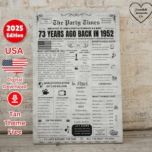 73rd Birthday Newspaper Sign - Back in 1952 Birthday Poster , Happy 73rd Birthday Gift for Men/ Women , Born In 1952 Birthday Decorations