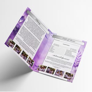May include: A purple funeral order of service with floral designs and photographs. The open program shows text under the headings "Obituary" and "Order of Service." Photographs of a group of people are included.