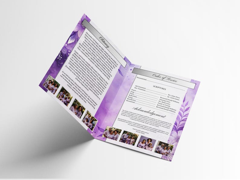 May include: A purple funeral order of service with floral designs and photographs. The open program shows text under the headings "Obituary" and "Order of Service." Photographs of a group of people are included.