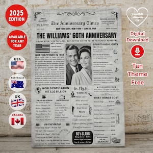 60th Wedding Anniversary Gift for Parents,1965 Anniversary Gift ,Back in1965 Newspaper Poster Sign,1965 Diamond Anniversary,60th anniversary