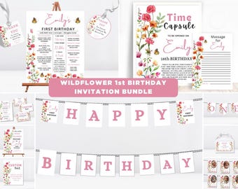 Plantilla de paquete para primer cumpleaños de Wildflower, invitación digital editable para niña de Wild One Birthday, fiesta de cumpleaños Bloom, paquete para primer cumpleaños de niña