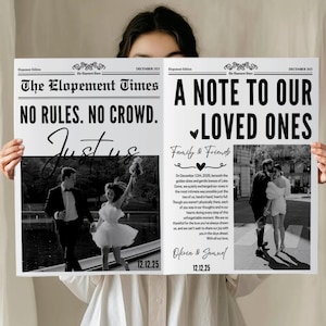 Newspaper Elopement Announcement , Surprise Elopement Wedding Announcement Card | Elopement Notice for Married Couples , Elopement Keepsake