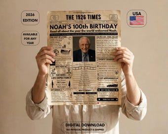 100th Birthday Newspaper Poster , Back in 1926 Birthday Poster , 100th birthday Gift