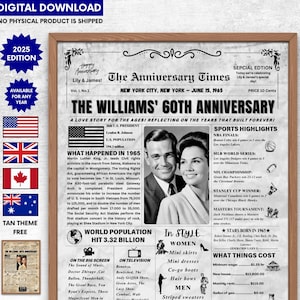 60th Wedding Anniversary Gift for Parents,1965 Anniversary Gift ,Back in1965 Newspaper Poster Sign,1965 Diamond Anniversary,60th anniversary