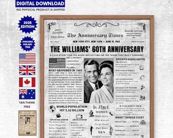 60th Wedding Anniversary Gift for Parents,1965 Anniversary Gift ,Back in1965 Newspaper Poster Sign,1965 Diamond Anniversary,60th anniversary