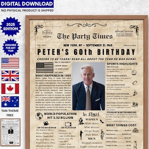 60th Birthday Newspaper Poster – Back in 1965 Birthday Poster ,60th Birthday Gift for Men or Women, Born in 1965 Poster ,60th birthday ideas