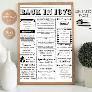 50th Birthday Trivia Fun Facts , Back in 1975 Sign , 50th Birthday Party Decor , Born in 1975 Trivia , 50th Birthday Gift,50 Years Ago Facts