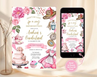 Op de afbeelding: Roze en witte "Andrea's Onederland" verjaardagsuitnodiging met bloemen en Alice in Wonderland-thema illustraties. De uitnodiging wordt weergegeven op papier en een smartphone, met de tekst "Wees niet te laat voor een heel belangrijke datum."