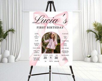 Pink Bow First Birthday Milestone Board Template, Pink Coquette 1st Birthday Milestone Sign, Girl 1st Birthday Milestone Board Poster 08