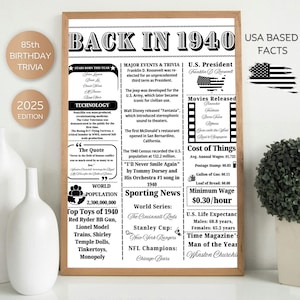 85th Birthday Trivia Fun Facts , Back in 1940 Sign , 85th Birthday Party Decor ,Born in 1940 Trivia , 85th Birthday Gift, 85th birthday gift