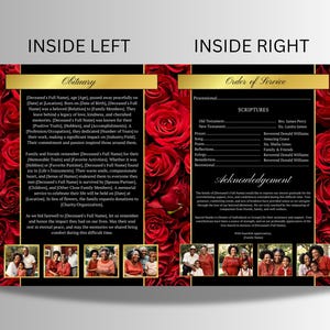 May include: A memorial service program with a red rose background. The left side features an obituary with text, while the right side includes an order of service and acknowledgements. Photos of family members are at the bottom.