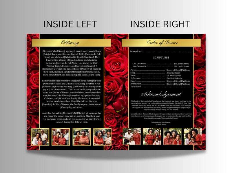 May include: A memorial service program with a red rose background. The left side features an obituary with text, while the right side includes an order of service and acknowledgements. Photos of family members are at the bottom.