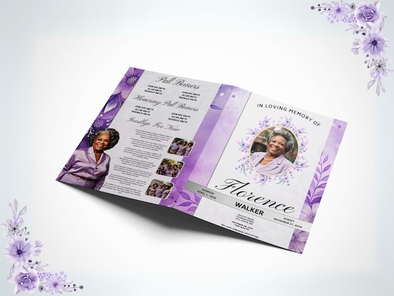 Purple Obituary Program Template , Purple Funeral Program , Editable Purple Obituary Template for Celebration of Life , Printable funeral