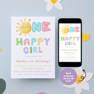 One Happy Girl Birthday Invite, 1st Birthday Invitation Girl First Birthday Invitation , Sun Birthday Invite , girl Sun Birthday Invite 04