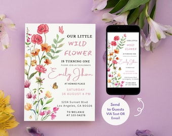 Wildflower 1st Birthday Invitation Template , Editable Wild One Birthday Girl Digital Invitation Template, Floral Bloom Birthday Party 101