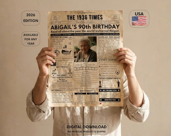 90th Birthday Newspaper Poster – Back In 1936 Birthday Poster , 90th Birthday Gift , 90th Birthday Party Decorations