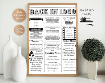 75th Birthday Trivia Fun Facts , Back in 1950 Sign ,75th Birthday Party Decor , Born in 1950 Trivia , 75th Birthday Gift, 75th birthday gift