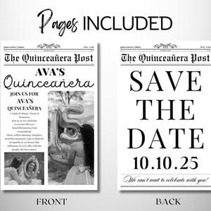 Puede incluir: Tarjeta de guardar la fecha en blanco y negro estilo peri&oacute;dico con el texto "Save the Date" y la fecha "10.10.25". La tarjeta tambi&eacute;n incluye el texto "We can't wait to celebrate with you!"