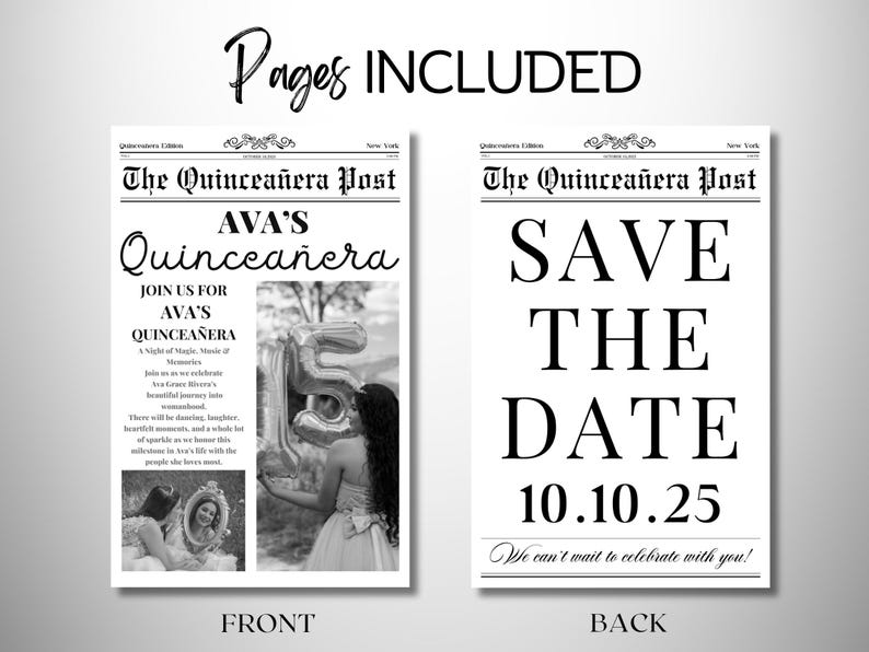 Puede incluir: Tarjeta de guardar la fecha en blanco y negro estilo peri&oacute;dico con el texto "Save the Date" y la fecha "10.10.25". La tarjeta tambi&eacute;n incluye el texto "We can't wait to celebrate with you!"