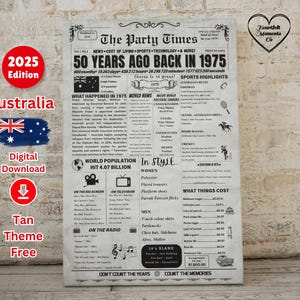 Back in 1975 Sign AUSTRALIA , 50th Birthday Newspaper Sign, 50th Birthday Gift for Women/Men, 1975 Birthday Sign, 50 Years Ago Back in 1975