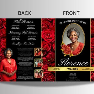May include: A memorial program with a black background and red rose accents. The front features a portrait of a woman, the name "Florence Walker", and dates. The back lists pallbearers and a message.