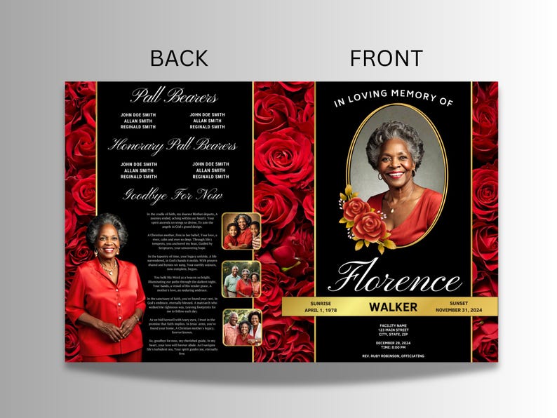 May include: A memorial program with a black background and red rose accents. The front features a portrait of a woman, the name "Florence Walker", and dates. The back lists pallbearers and a message.