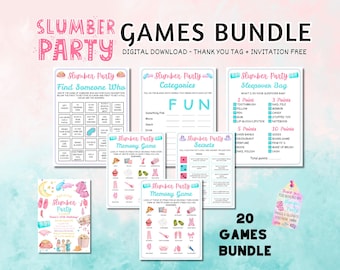 May include: A printable set of 20 slumber party games for kids. The games include "Find Someone Who", "Categories", "Sleepover Bag", "Memory Game", and "Secrets". The games are designed in a pink and blue color scheme with a whimsical font.