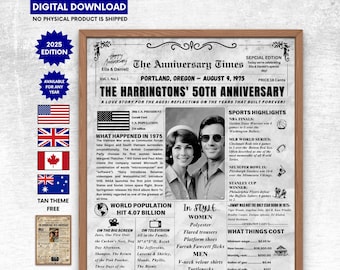 50th Anniversary Gift for Parents, Back in 1975 Newspaper Poster, 50th Wedding Anniversary Gift, Golden Anniversary Gift for GrandParents
