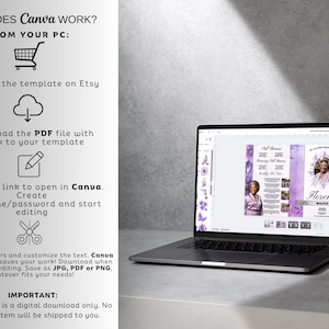 May include: A laptop screen showing a memorial service template with a photo of a woman, floral accents, and text. The screen displays a purple and white design. Instructions on how to use Canva are on the left.