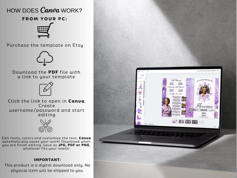 May include: A laptop screen showing a memorial service template with a photo of a woman, floral accents, and text. The screen displays a purple and white design. Instructions on how to use Canva are on the left.