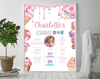 Póster editable de hito de primer cumpleaños, letrero de hito de primer cumpleaños, tablero de hito de primer cumpleaños, letrero de hito de donut dulce 02