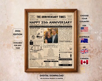 25th Anniversary Gifts , 25th Wedding Anniversary Gift for Couples , 25th Anniversary Newspaper Poster Sign, Silver Anniversary, 2001 Sign