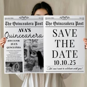 Quinceañera Save the Date Newspaper Template | Canva Invitation for Quince Photoshoot | Custom Sweet 15 Announcement , Quinceanera Invite